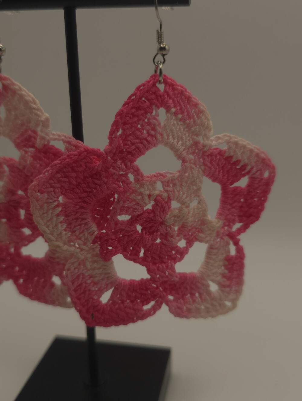 Hand Crafted Pink Gradient Crochet Flower Earrings - Picture 2 of 3
